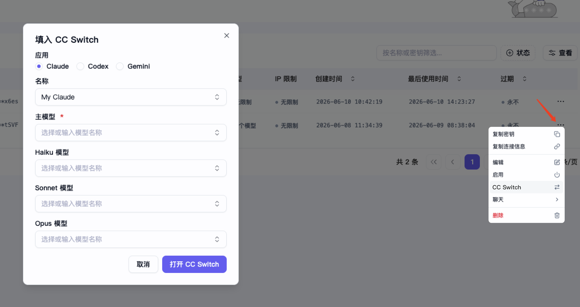 填入 CC Switch 弹窗
