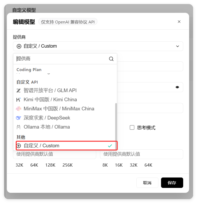 选择自定义提供商